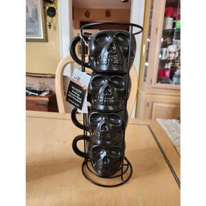 Halloween black skulls stackable mugs Set of 4